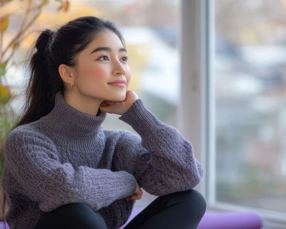 Een vrouw die bij een raam zit met een zelfverzekerde, ontspannen glimlach